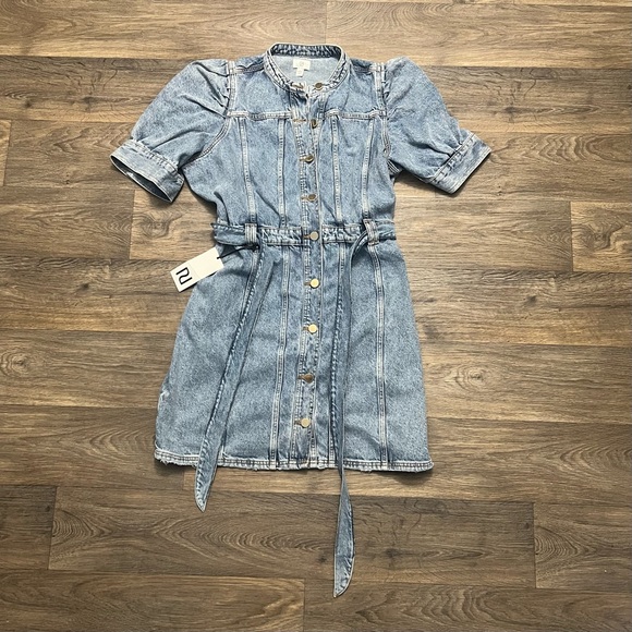 NEW River Island Denim Puff Sleeve Button Down Belted Mini Dress US Size 16 NWT - Picture 7 of 9